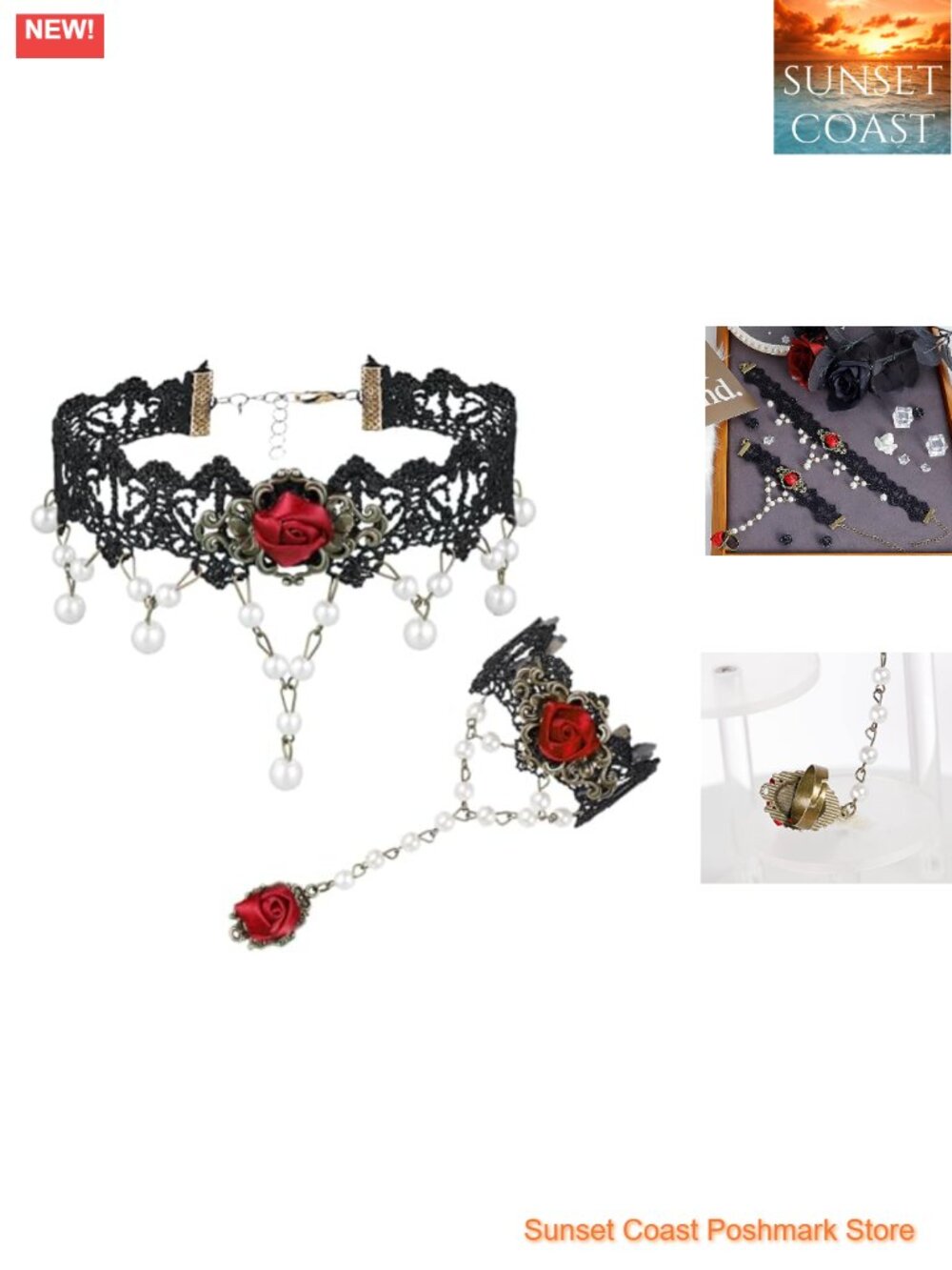 Lace Choker Bracelet Ring Set Gothic Victorian Charm Pendant Beads Jewelry